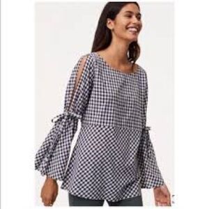 Loft Gingham Tie Split Bell Sleeve Top 2/$35